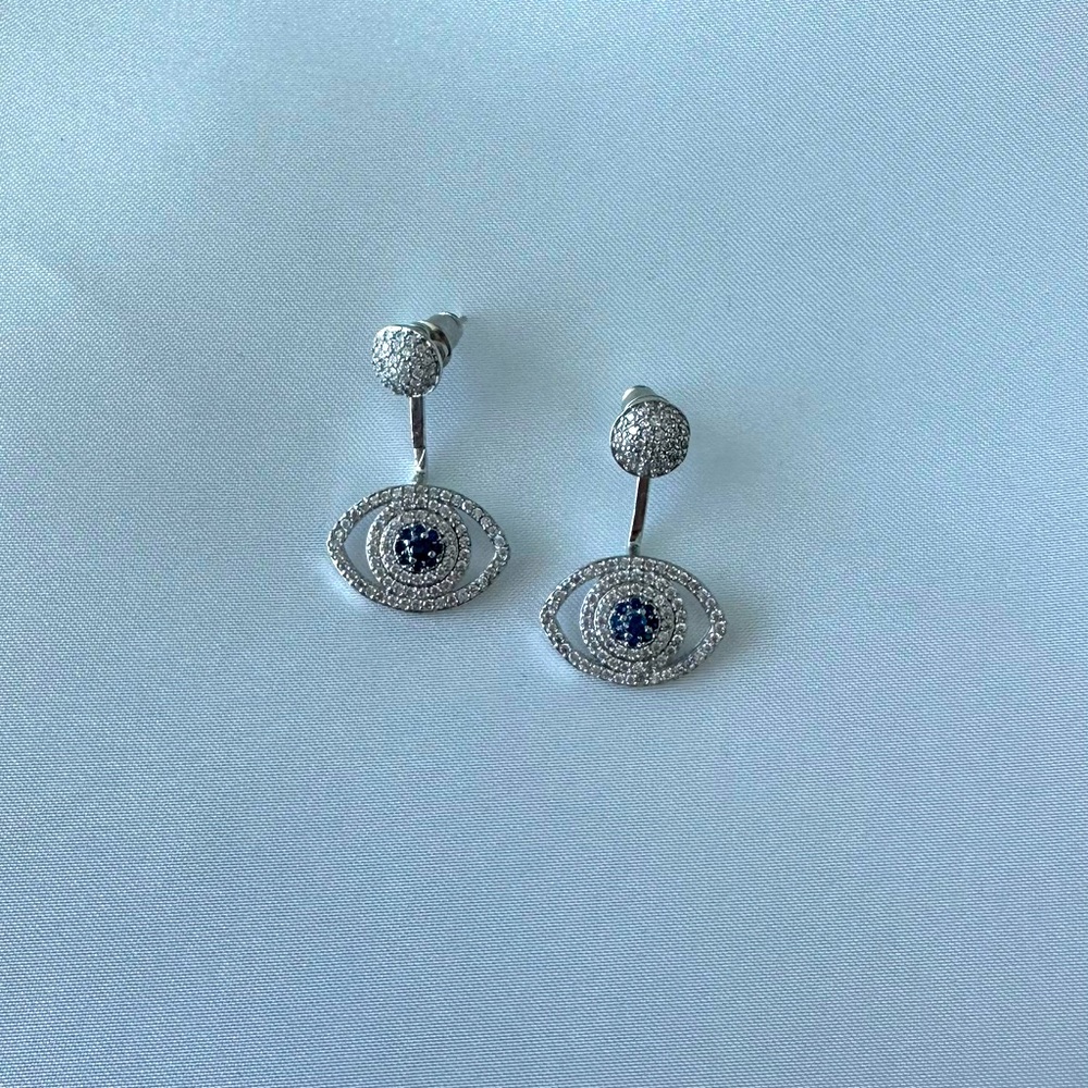 Evil Eye Cubic Zirconia Pave Ear Jacket Stud Earrings in Platinum Plate
